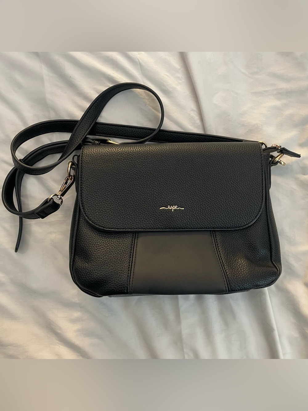 Black Crossbody Vegan Leather Shoulder Bag with Gold Accent